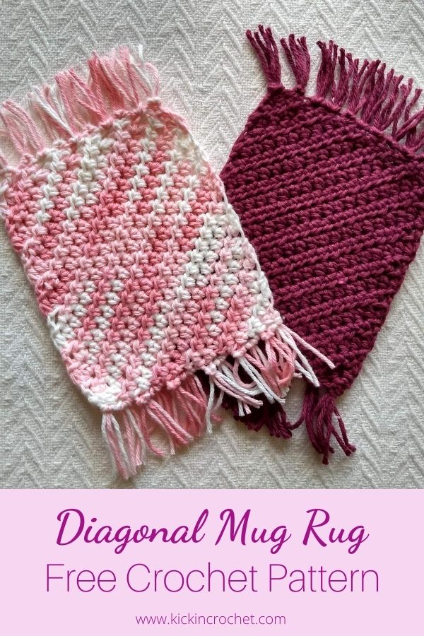 Free pattern for diagonal crocheted mug rugs - crochet mug rugs featuring diagonal rows of stitches with edge fringe
