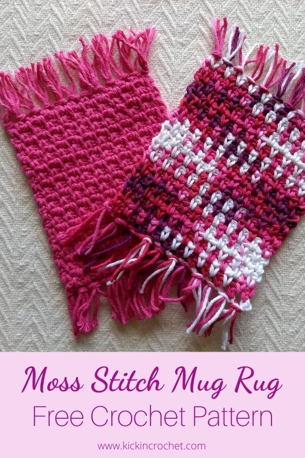 Pink and Pink Variegated moss stitch crochet mug rugs on a white background