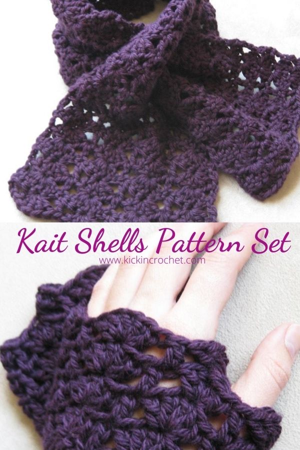 Women's fingerless gloves and scarflette/cowl crochet pattern set featuring lacy shells