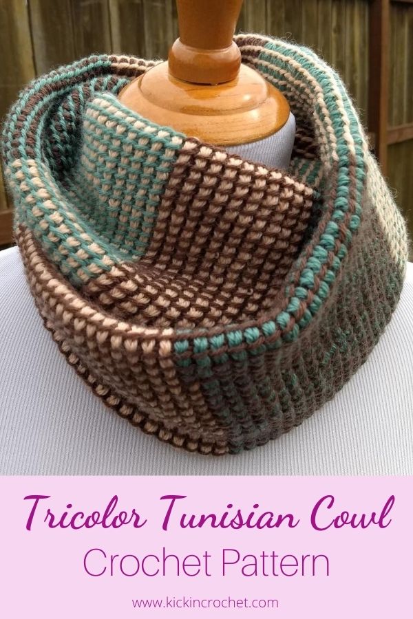 Green, brown, and peach multicolored Tunisian Crochet cowl