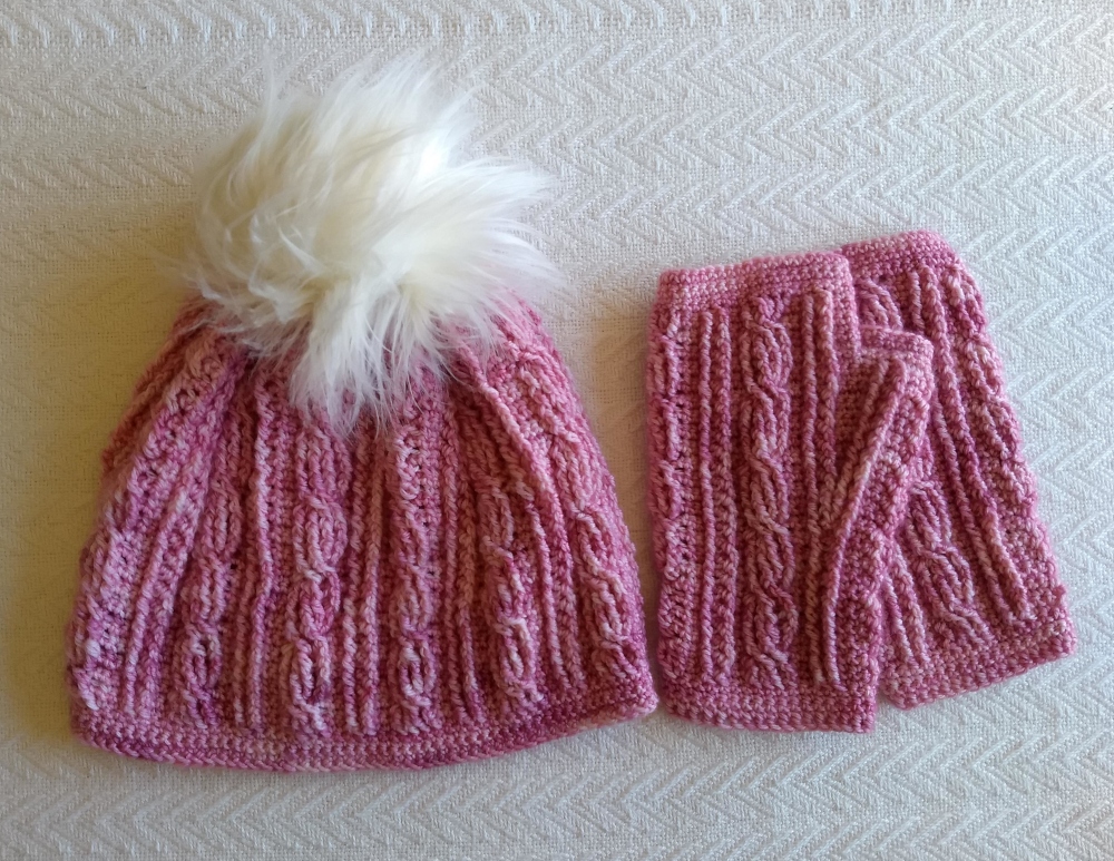 Pink Cabled Crochet Hat and Gloves