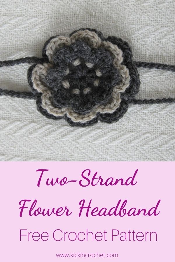 Two Strand Flower Headband Free Crochet Pattern - Gray and cream wool three-layered crochet flower