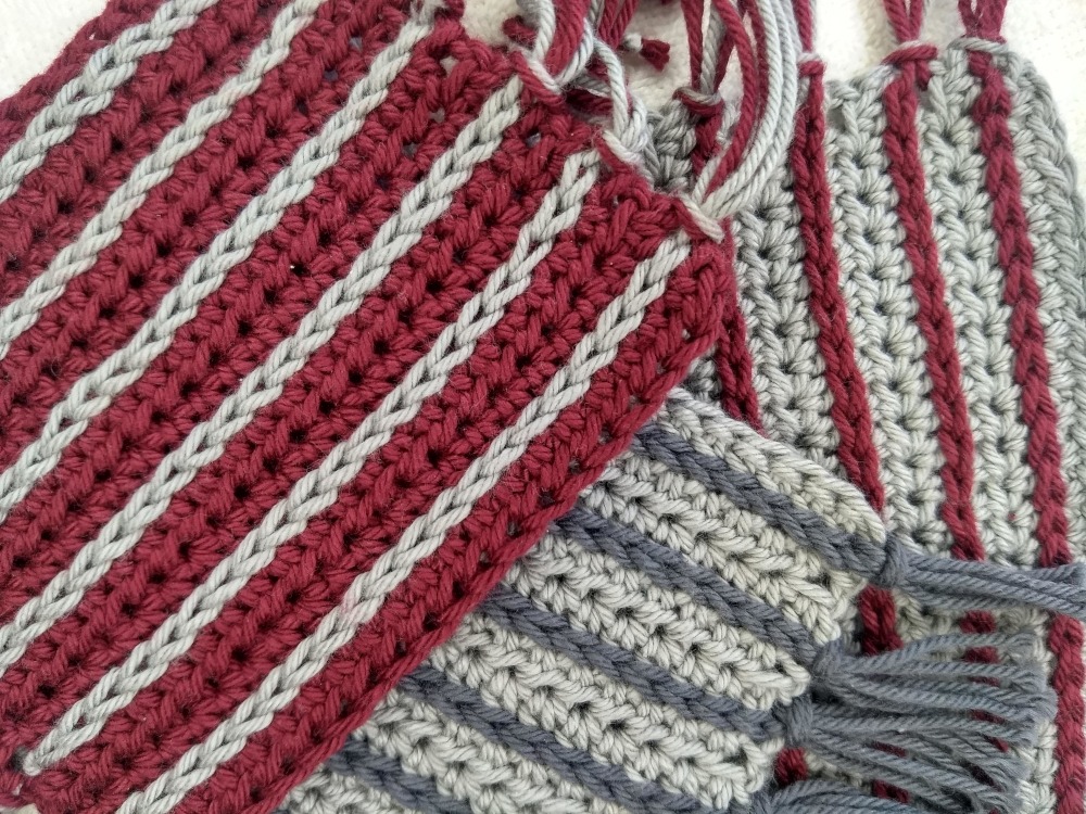 Burgundy, Gray, and Silver Striped Crochet Mug Rugs - Free Crochet Pattern using overlay crochet