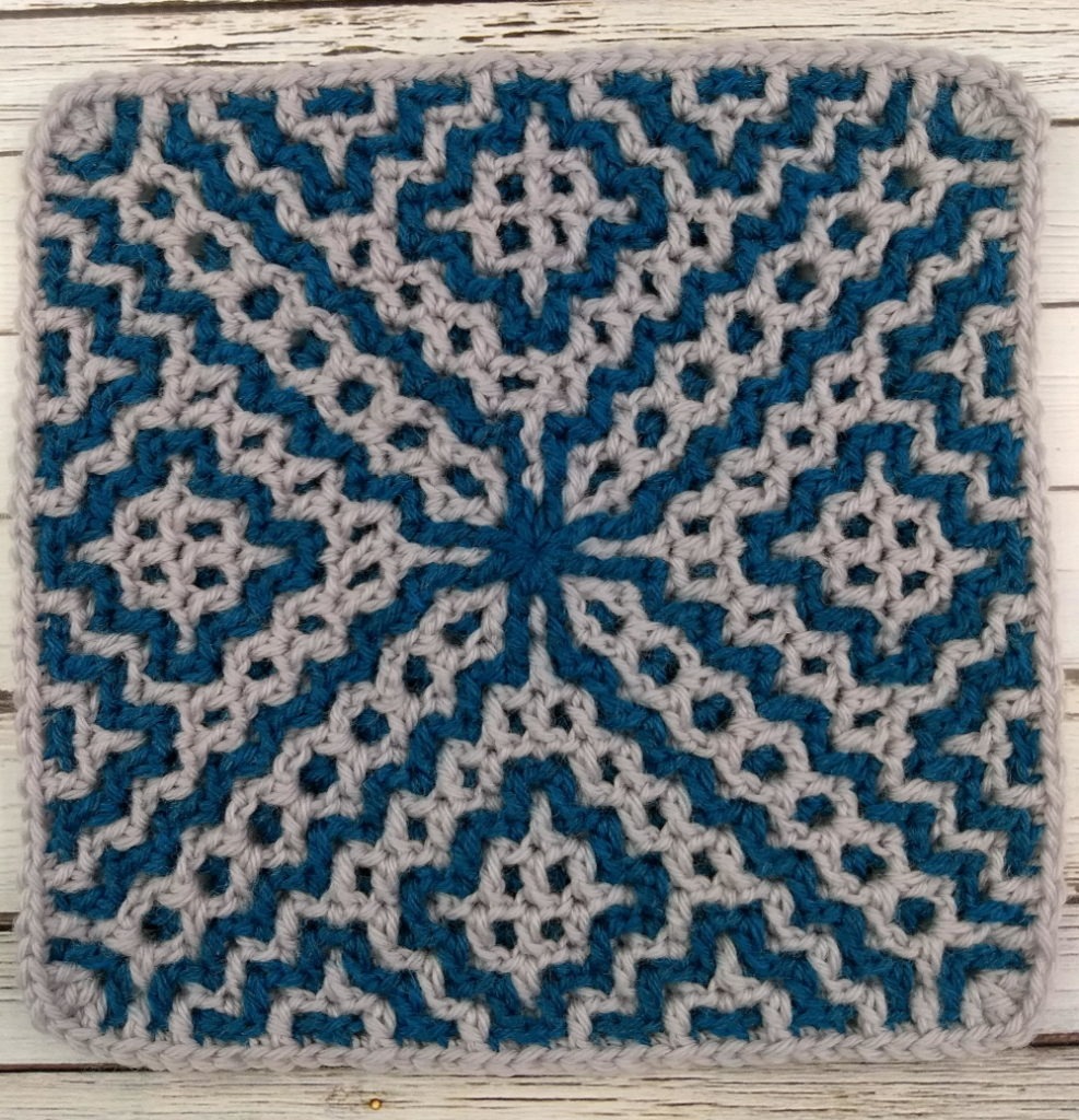 Blue and Gray geometric design interlocking crochet square worked in the round
