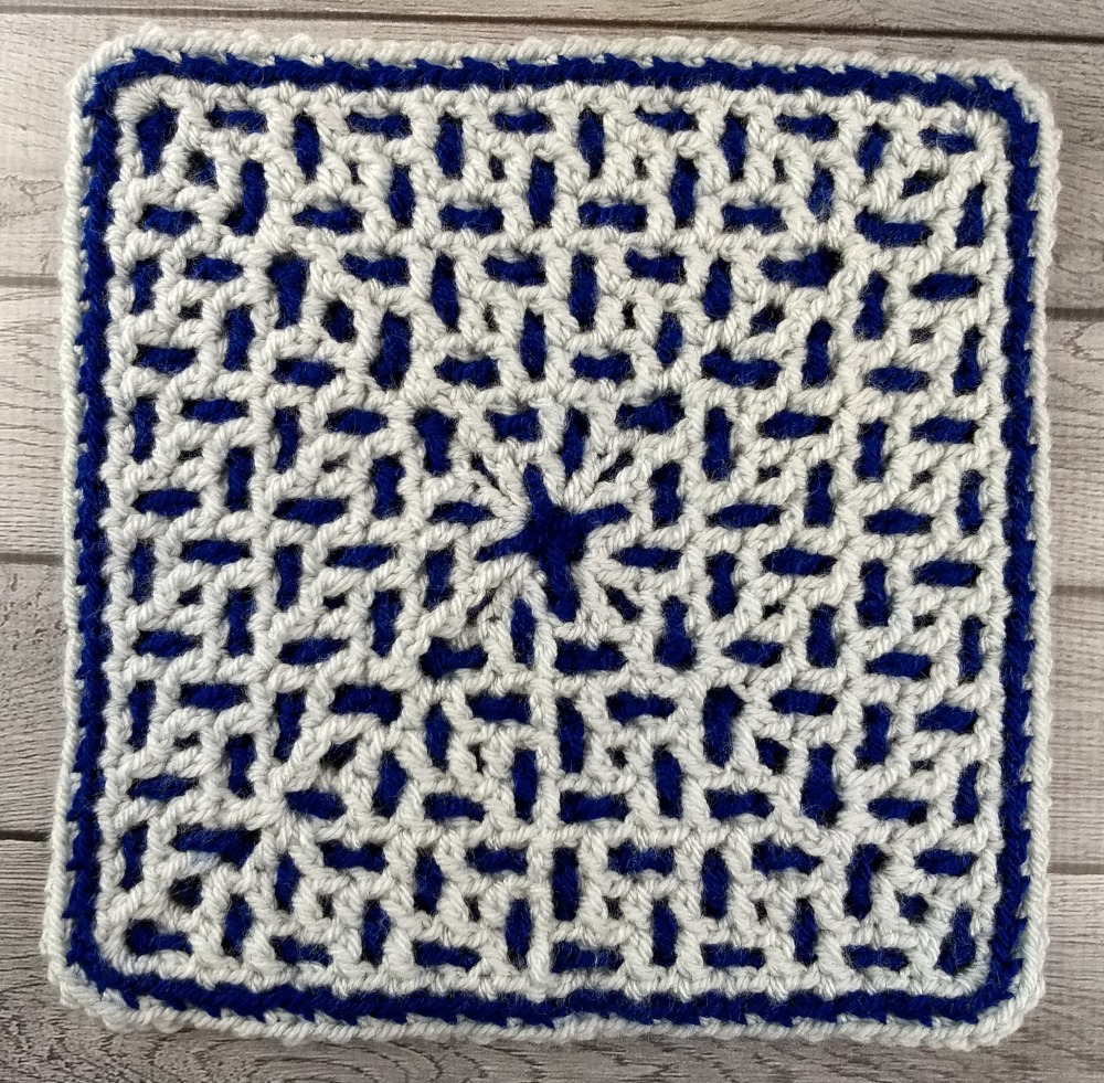 Blue and Gray interlocking crochet square worked in the round - free pattern with video, chart, and written instructions.