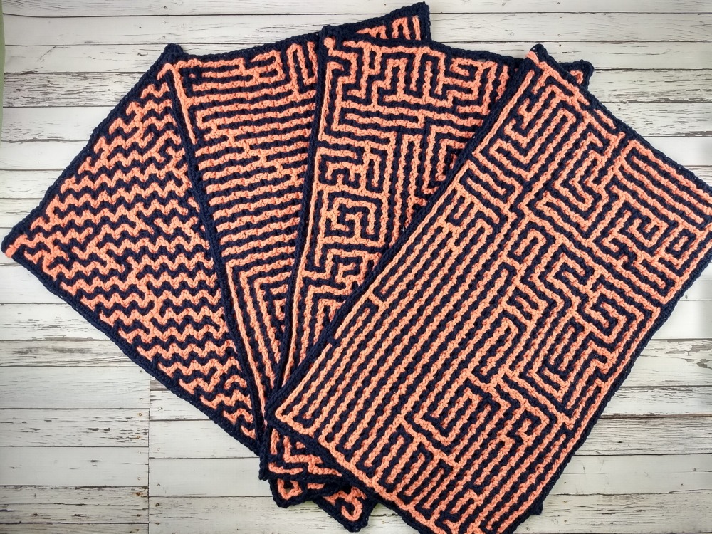 4 Maze Placemats Made Using Interlocking Crochet