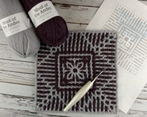 Gray and Purple Geometric Interlocking Crochet square with Hook, Yarn and Pattern Chart