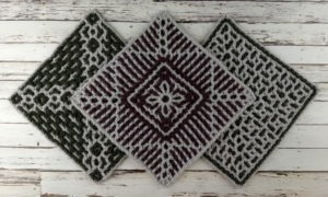 Three interlocking crochet squares