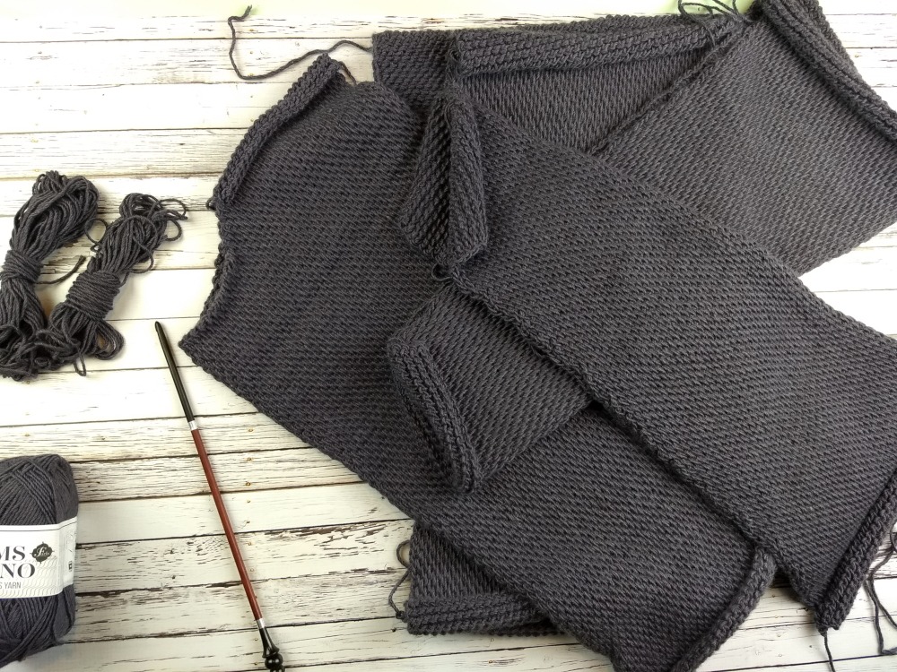 Gray Tunisian Crochet Sweater Pieces with Tunisian Crochet Hook and Whims Merino yarn