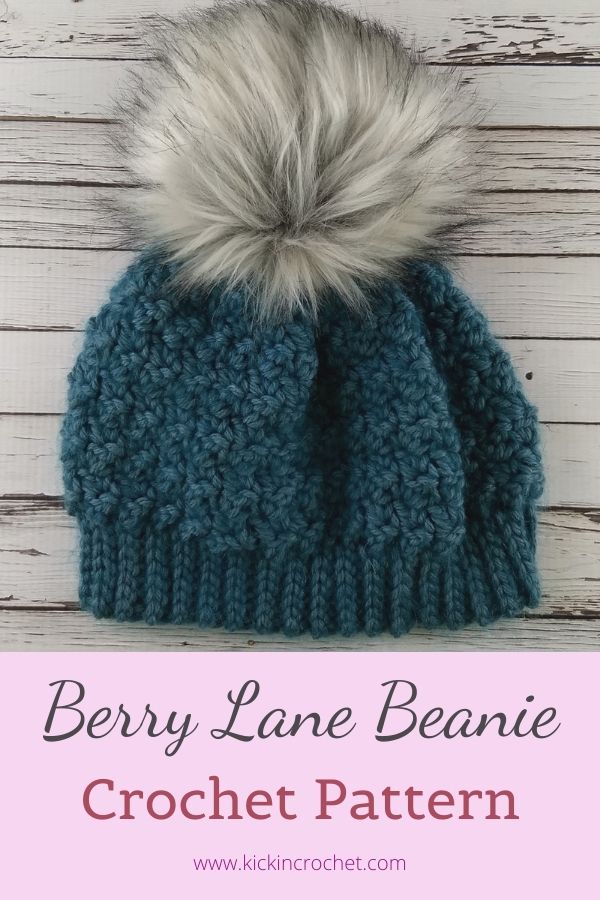 Berry Lane Beanie Crochet Pattern - Teal Beanie  with slip stitch ribbing and textured body made with bulky weight yarn held together with mohair, and topped with a faux fur pom