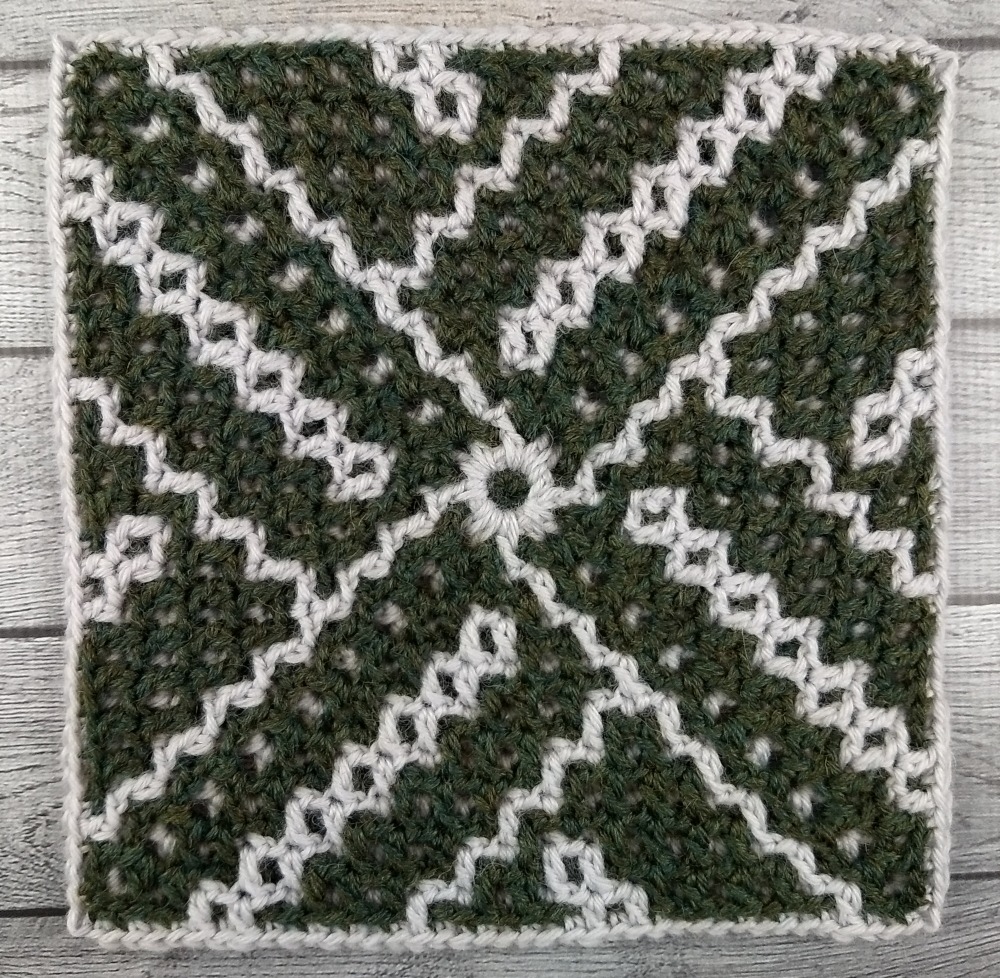 Green and Gray Interlocking Crochet Square With Quilt Motif