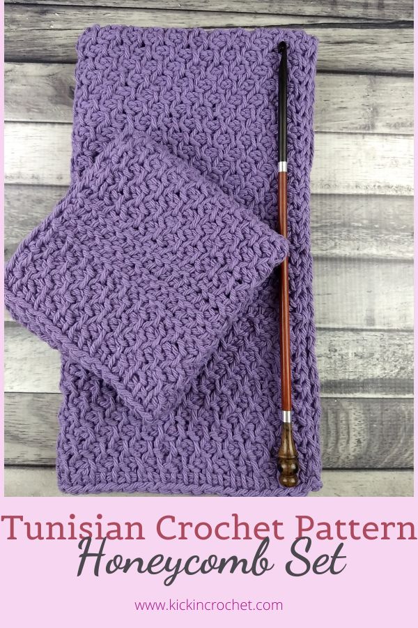 Free Tunisian Crochet Hand Towel and Washcloth Crochet Patterns featuring honeycomb stitch - made with worsted weight cotton yarn and size 6.5mm crochet hook.